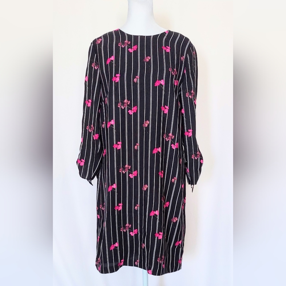 Cece Striped Knotted Sleeve Floral Dress Black White Pink Size 4